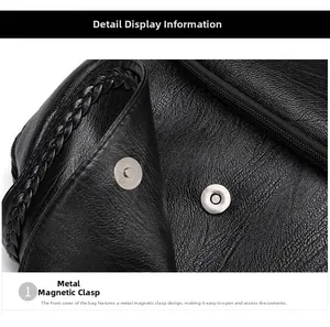 Dettaglio borsa in pelle nera con chiusure magnetiche argentate e bordo intrecciato