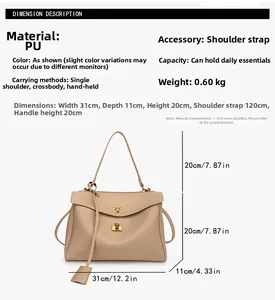 Detail showing beige PU leather bag dimensions, gold hardware lock and strap versatility