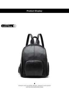 Front view of a black soft leather women backpack with textured finish and front pocket