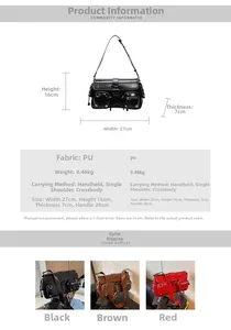 Detailed size chart and multi-color view of a vintage multi-pocket biker style shoulder bag