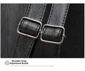 Dettaglio degli spallacci regolabili su zaino in pelle nera con fibbie metalliche