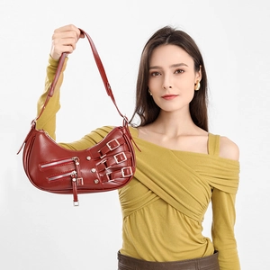 Retro burgundy leather crescent underarm bag with silver buckles and zippers