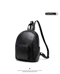 Side view of black lychee grain faux leather backpack with front zipper pocket detail