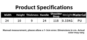 Size chart for chic woven barrel bag with dimensions weight and PU material details