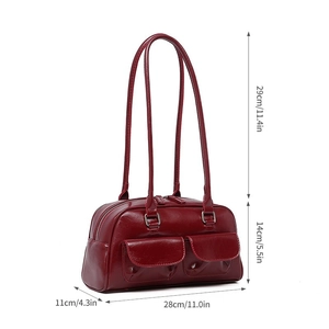 Deep red oily leather shoulder bag detail showing dimensions and double front flap pockets