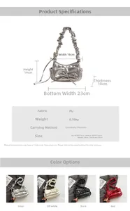 Detailed view of the pleated shoulder strap and metallic PU texture of the bow hobo bag