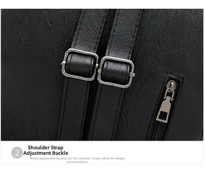 Detail of adjustable silver buckles and black litchi texture on a stylish leather backpack