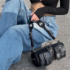 Women PU Leather Cylinder Shoulder Bag Streetwear Punk Style Multi Pocket Underarm Bag With Metal Rings Buckles Crossbody Bag