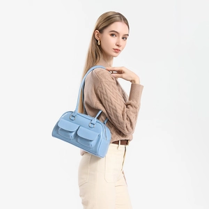 Chic light blue oil wax leather bowling bag with double pockets and top handles