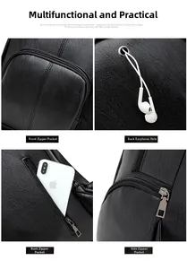Detail view of black lychee leather backpack with multiple functional zip pockets
