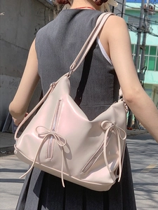 Fashionable beige leather hobo backpack with bow ribbon and large capacity for women