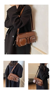 Detail of brown cargo shoulder bag with multiple pockets and buckled strap adjustment
