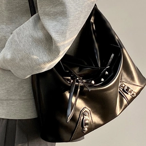 Fashionable black leather hobo bag with silver rivets and metal buckle hardware
