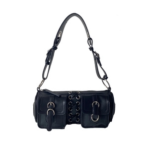 Black leather cylinder shoulder bag with metal buckles and decorative lace-up front detail