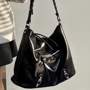 Large black motorcycle tote bag with metallic studs and glossy leather for women