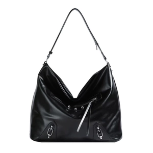 Modern black leather Hobo tote bag with silver rivets and zippers for commuting style