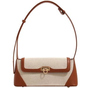 Borsa a spalla vintage in tela color crema e pelle marrone con chiusura dorata