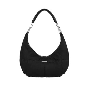 Minimalist black nylon crescent shoulder bag with silver hardware and leather handle