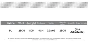 Size specification chart for PU leather bag showing width 28cm and height 11cm