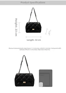 Quilted black shoulder bag dimensions 32x23x11cm with size comparison to iPad and iPhone