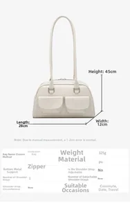 Detailed dimensions of the white PU leather bowling bag with side pockets and silver hardware