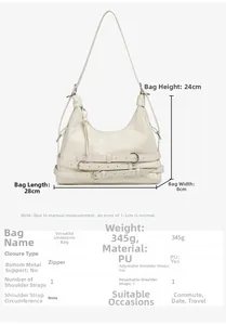Tableau des tailles et spécifications de l'élégant sac sous le bras en similicuir blanc