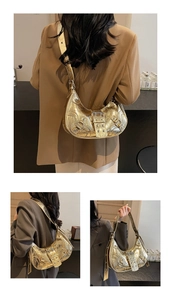 Metallic Gold Crocodile Pattern Crescent Hobo Shoulder Bag Motorcycle Rivet Chic Commuter Bag