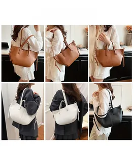 Multiple views of a pleated leather tote bag showing crossbody and shoulder carry styles