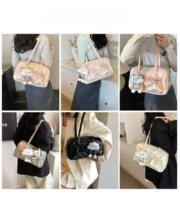 Collage of chic commuter tote bags with bow charms and cloud pendants in various colors