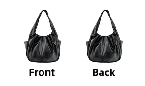 Front and back views of black pleated croissant shoulder bag in soft leather