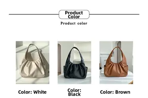 Detailed view of the pleated faux leather hobo bag in white, black, and brown colors