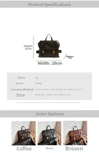 Infographic of vintage PU leather backpack showing dimensions and color options