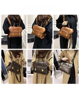 Detailed views of vintage faux leather backpack showing brown and coffee color options