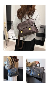 Detail view of vintage dark brown faux leather backpack with gold buckle and straps