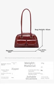 Detailed size chart for red faux leather bowling bag with multi-pocket and strap dimensions