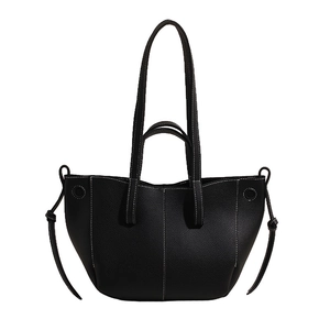 Black pleated tote bag with white contrast stitching and dual handles for shoulder use