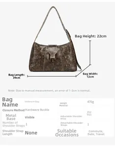 Detailed size chart for retro PU tote bag featuring dimensions 39x22x12cm and weight 470g