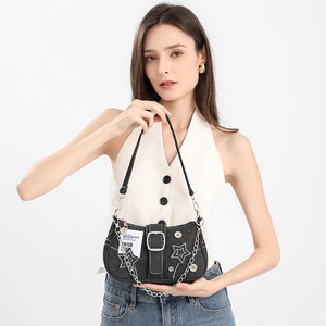 Y2K Star Denim Underarm Bag For Women Fashion Embroidered Moon Shoulder Bag With Metal Chain Niche Design Handbag Retro Bag