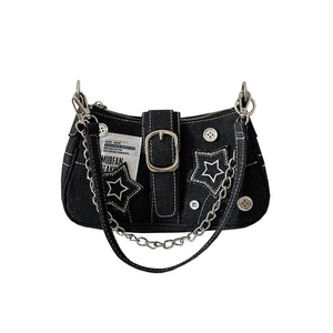 Black denim star crescent bag with silver chain and white contrast stitching detail