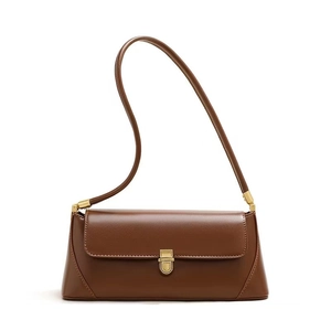 Elegant brown faux leather baguette bag with vintage gold clasp for office and daily wear