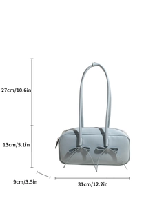 Dimensions détaillées du sac à bandoulière bleu clair en PU avec nœuds et mesures précises