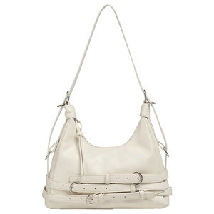 Sac hobo rétro en cuir blanc crème avec triple boucles et finitions métalliques argent