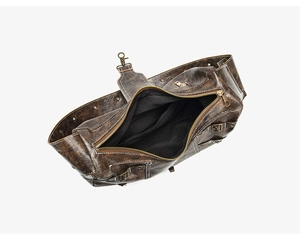 Top view of large vintage tote bag showing spacious black interior and metal zippers