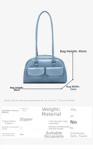 Close-up of a light blue PU leather bowling bag with twin flap pockets and size measurements