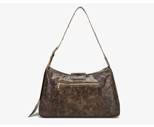Detail view of vintage dark brown tote bag with marble texture and metal zipper pocket
