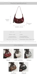 Detailed size chart and multi-color options for pleated ballet-style crescent bag
