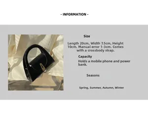 Detail view of black semicircular handbag with gold buckle and 20x7.5x10cm size specs