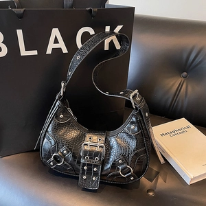 Black crocodile texture motorcycle shoulder bag with metal buckles and rivets for women.