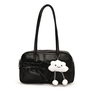 Fashionable black PU leather tote bag with bow detail and cute white cloud charm