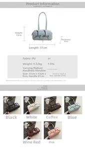 Close-up of ballet-style PU leather bowling bag with bow details and size dimensions